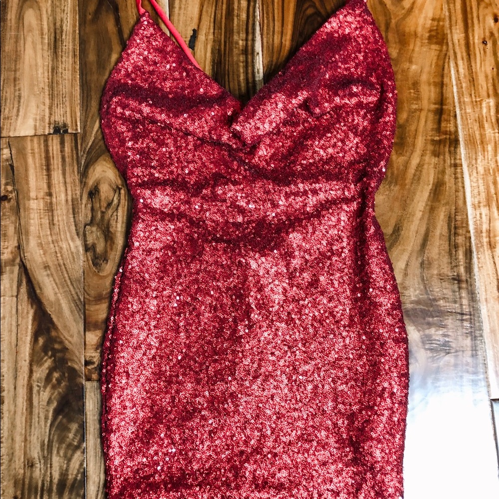 Fashion Nova Red Sequin Cowl Neck Dress
